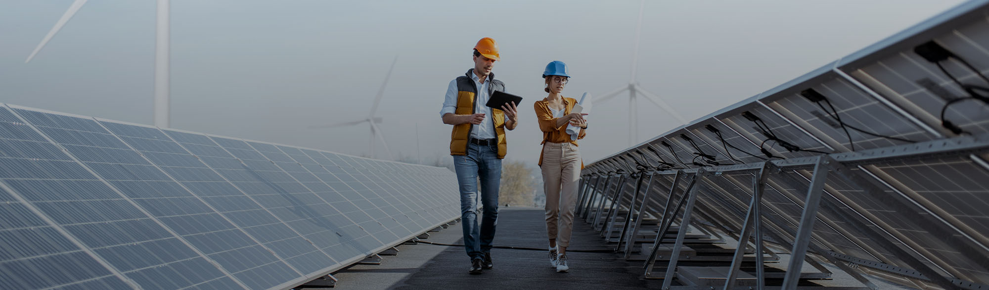 Two Workers Walking Beside Solar Panels