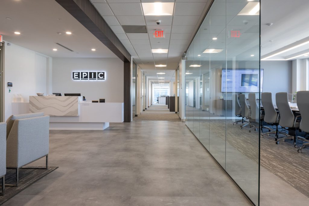 empty office lobby with backlit EPIC logo on wall