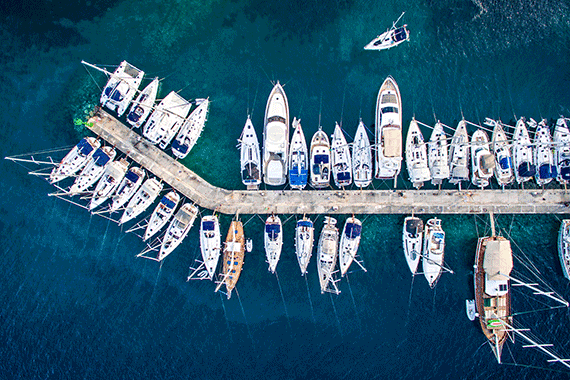 aerial view of boats and yachts at marina