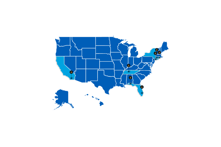 map of United States with Oversea Yacht offices marked by anchor pins