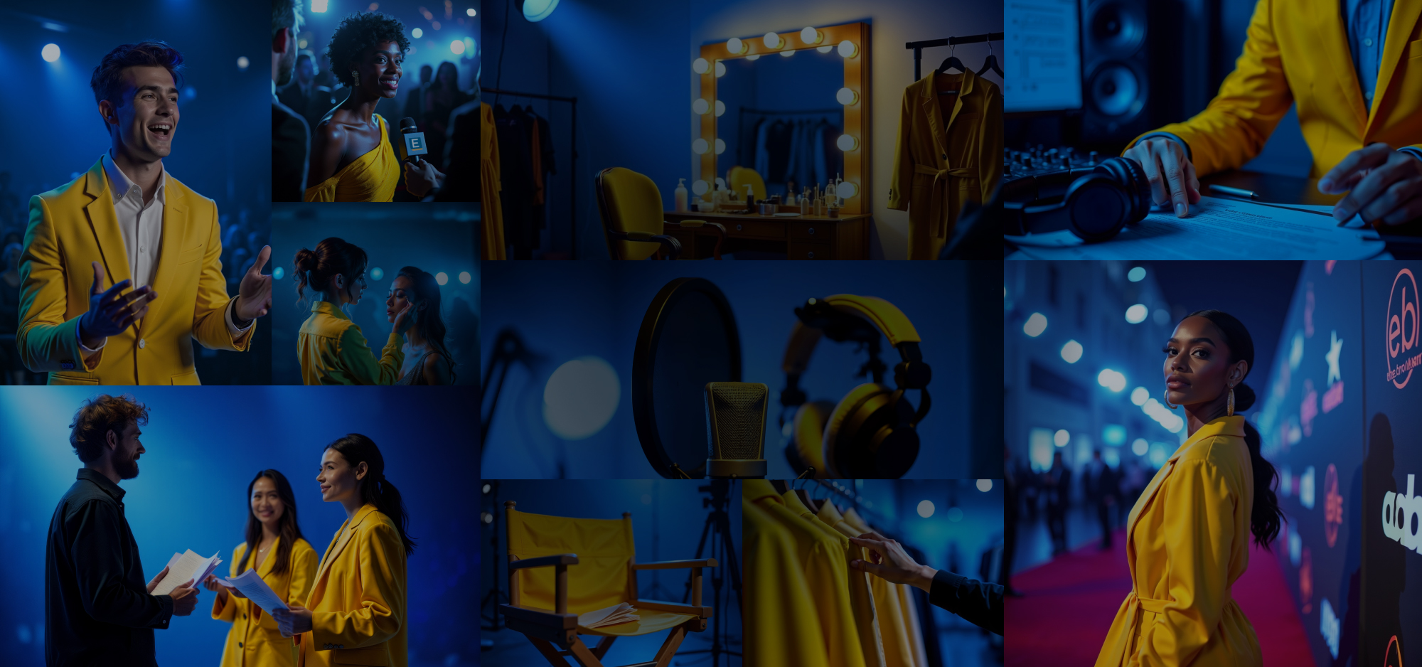 collage of entertainment-related images. First column: singing man wearing a suit, woman smiling at bright event, woman putting makeup on another woman, three people holding scripts while standing in circle to face each other; Second column: empty chair at vanity, headphones and recording microphone, director chair and hand selecting shirt from wardrobe; Third column: headphones on top of paper with hands, woman posing on red carpet