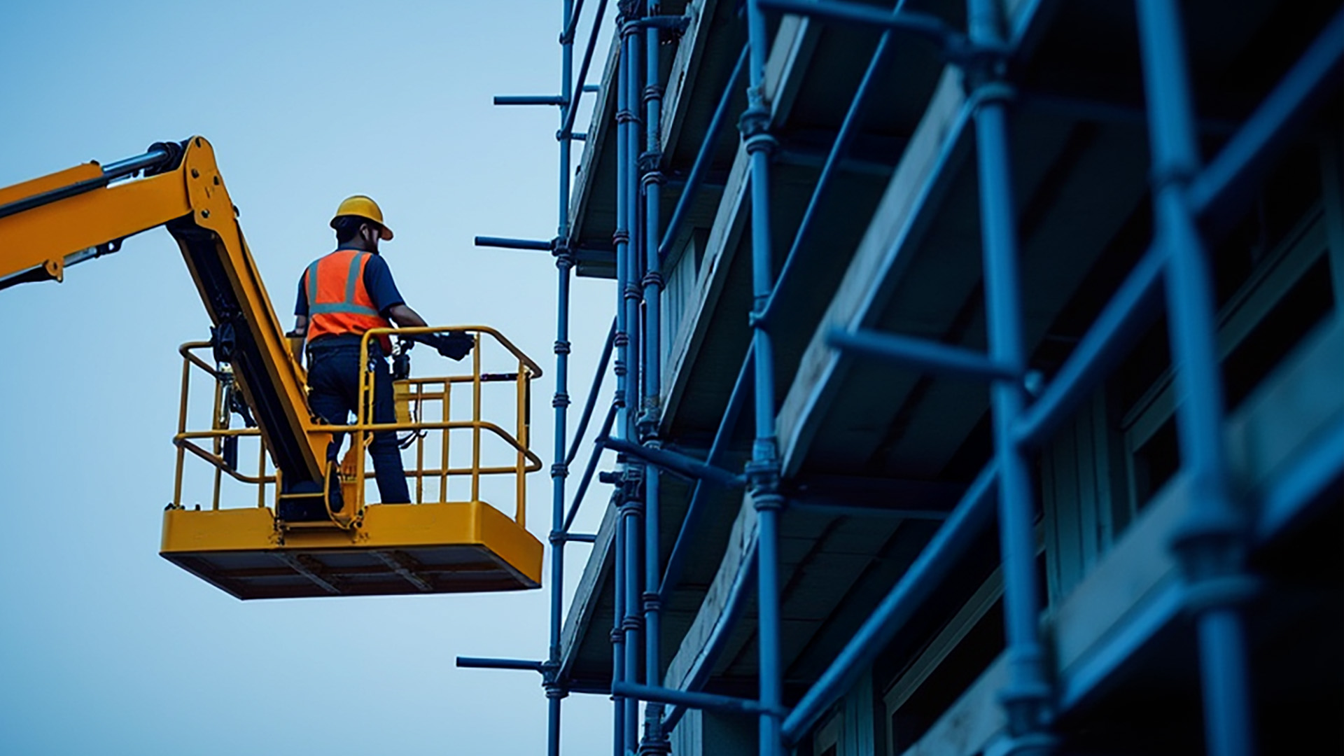 construction worker in high-vis vest and hard hat on boom lift