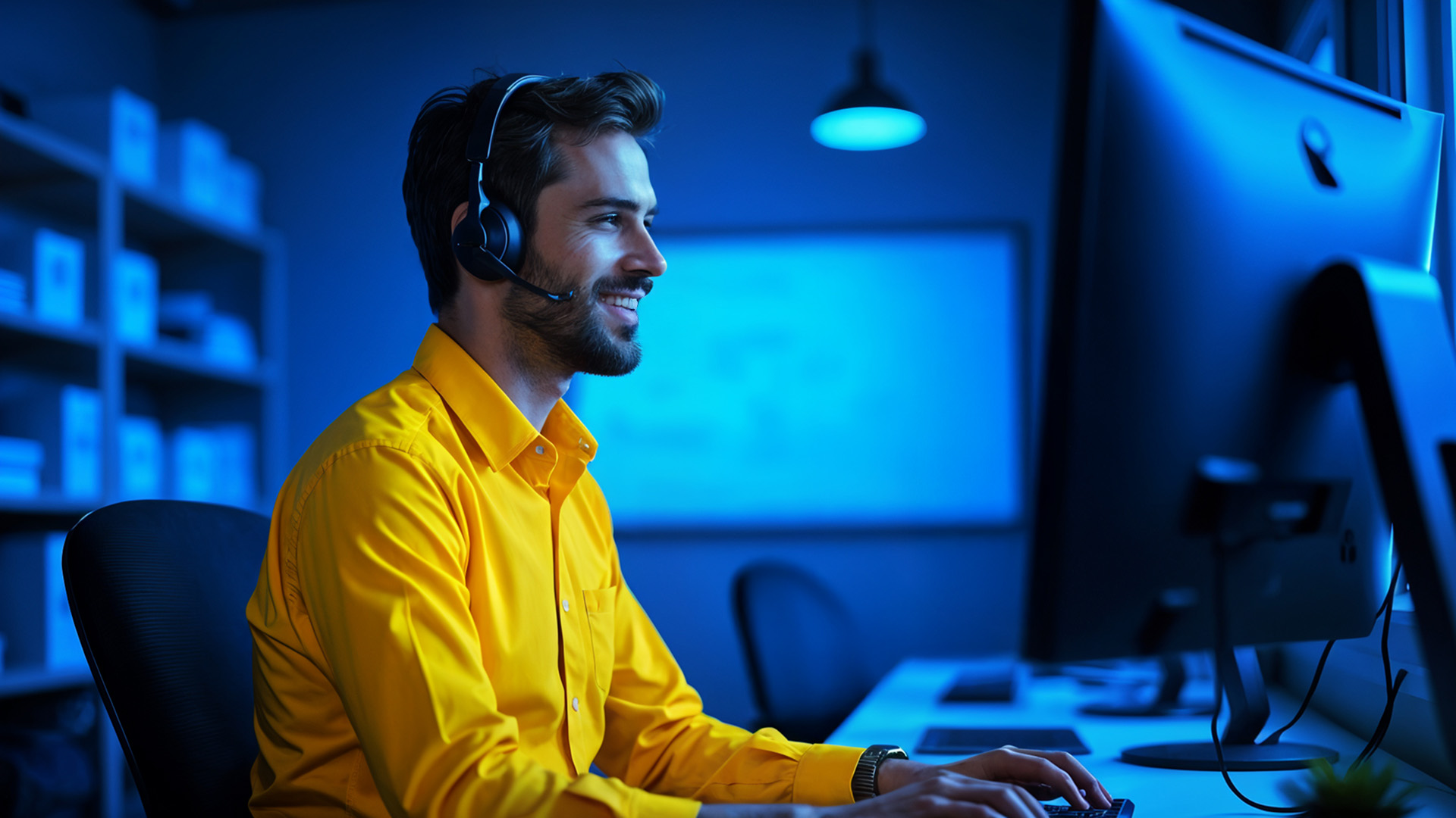 smiling man wearing headset and looking at computer monitor