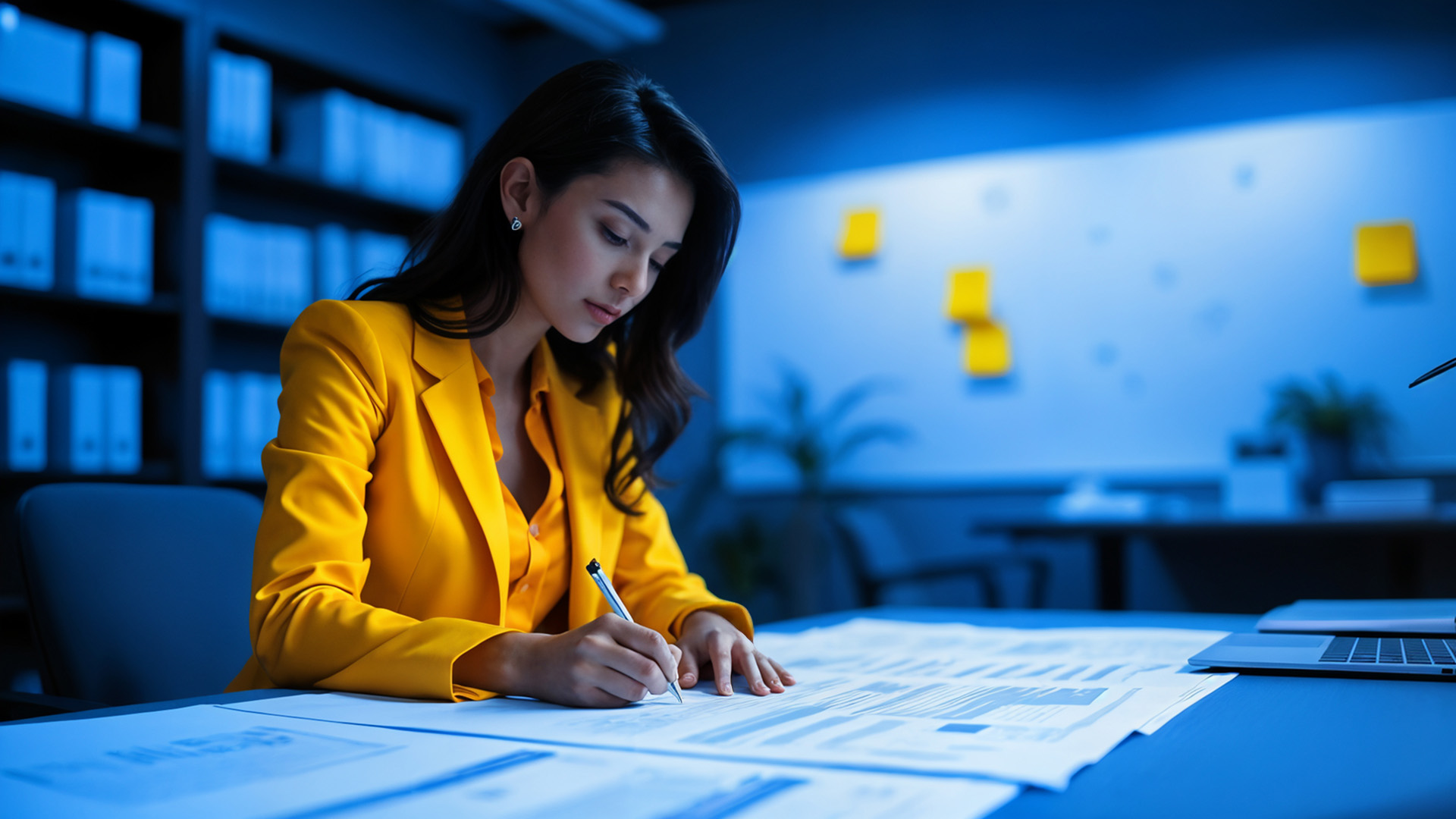 woman in business attire reviewing papers in a meeting room