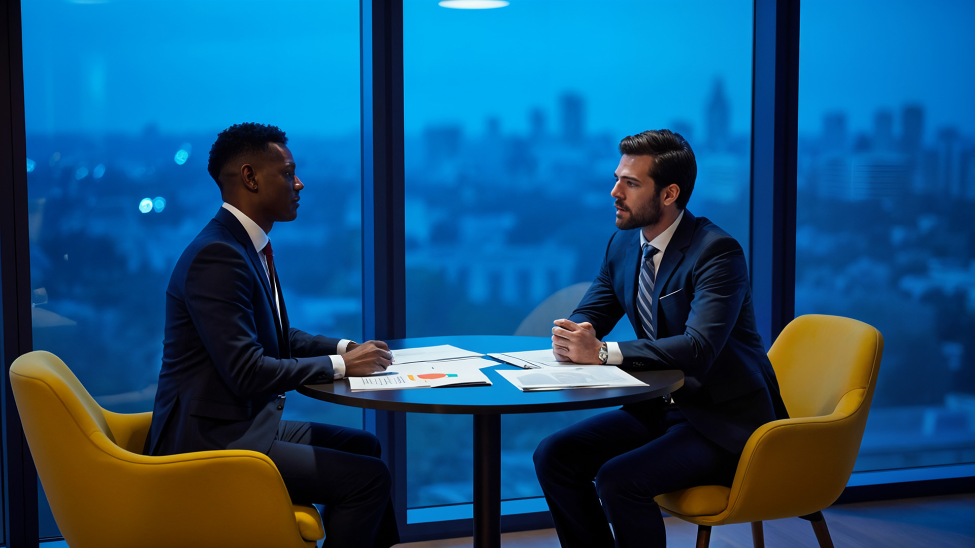 two business men in suits talking over a table with papers in front of a scenic window