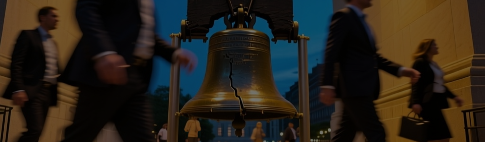 Liberty Bell with people in business attire walking past