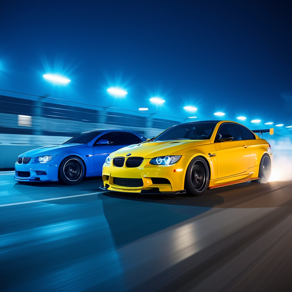 two sports cars racing on track at night