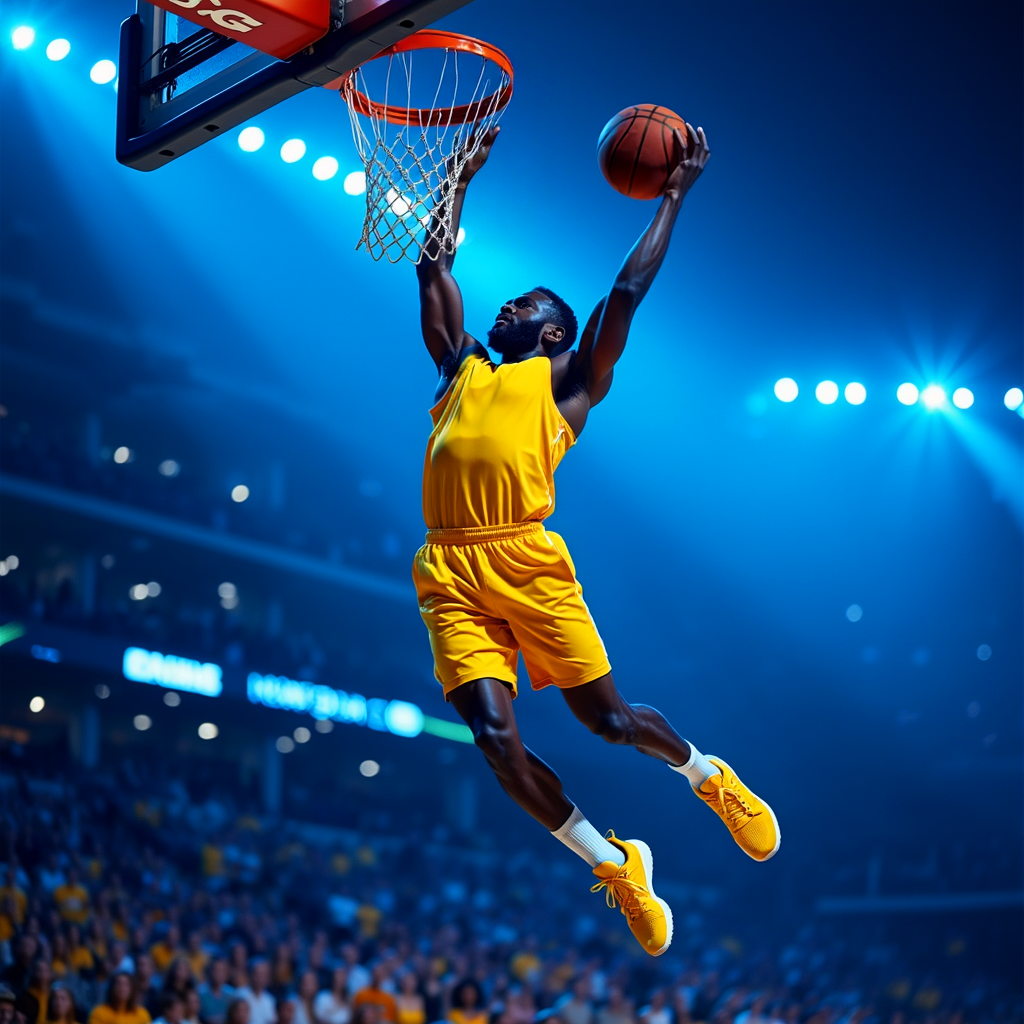 basketball player in mid-air to dunk basketball into hoop at game with crowd in background