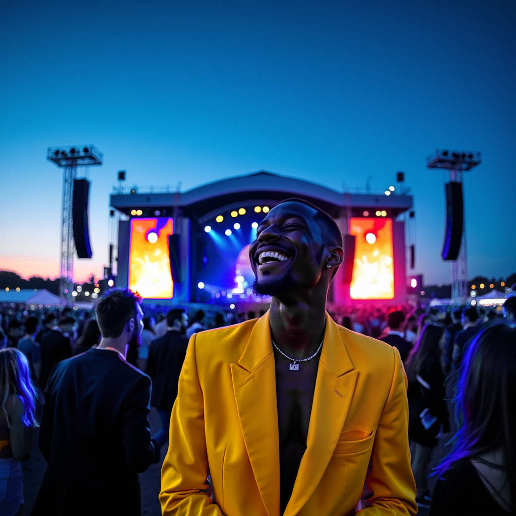 smiling man wearing suit jacket with festival music stage in background