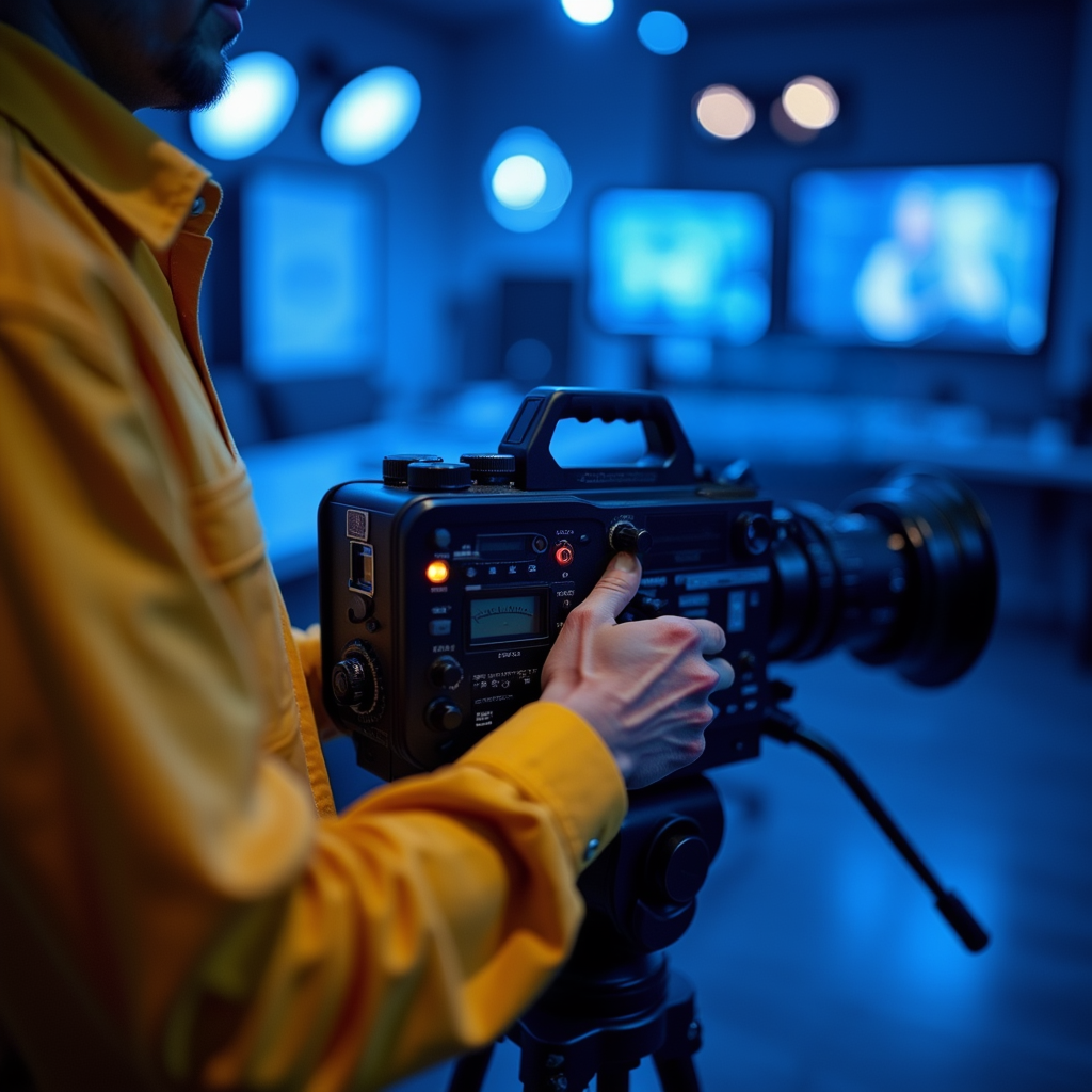 man in yellow shirt operating a film camera on a tripod