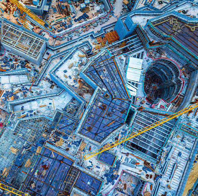 aerial view of complex building construction