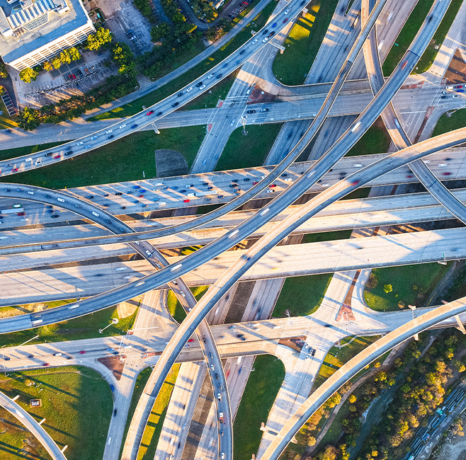 aerial view of overlapping highways and ramps