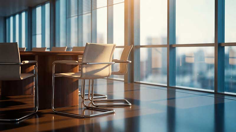 executive meeting room with table, chairs, and wall of windows