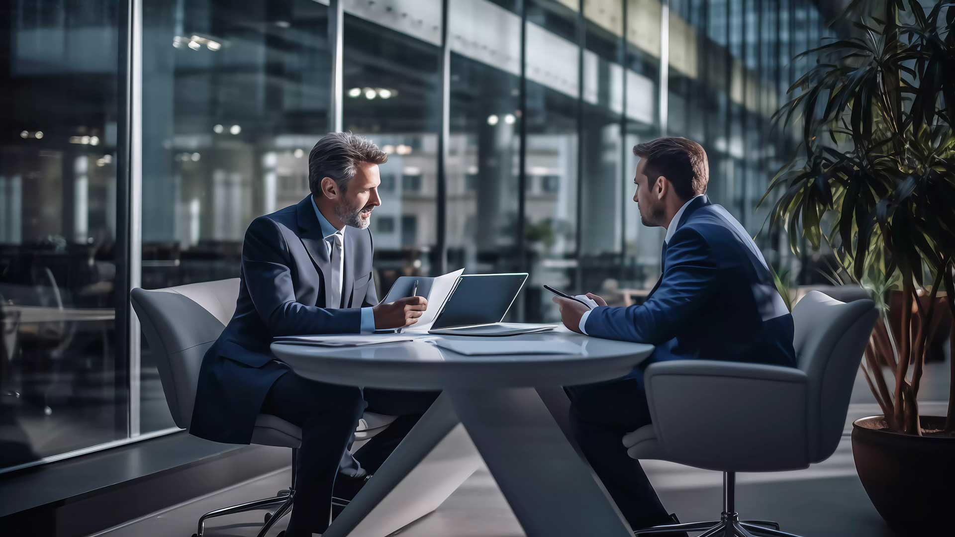business men talking at small table
