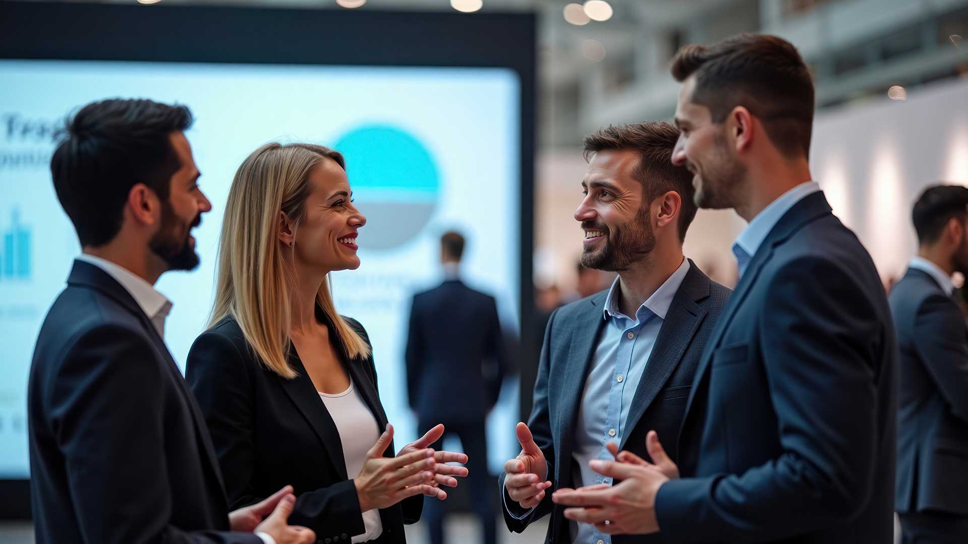 smiling business professionals standing and talking in a circle