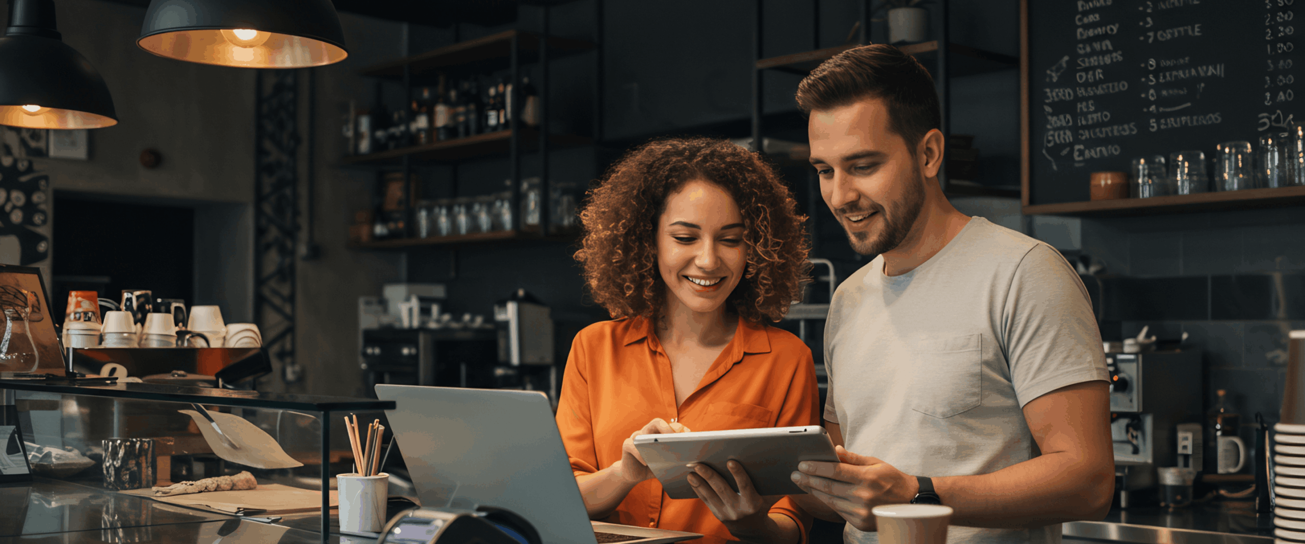 Smiling café staff, a woman in orange and man in gray, review a tablet behind the counter in a warm, modern coffee shop.