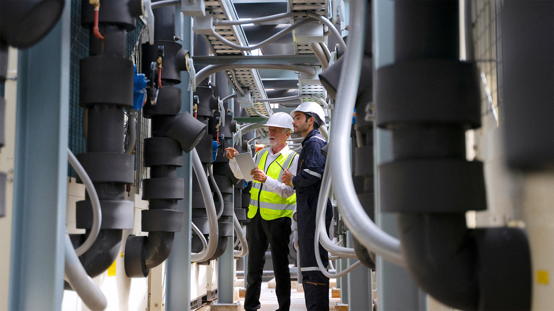 two men wearing hard hats and safety gear review area